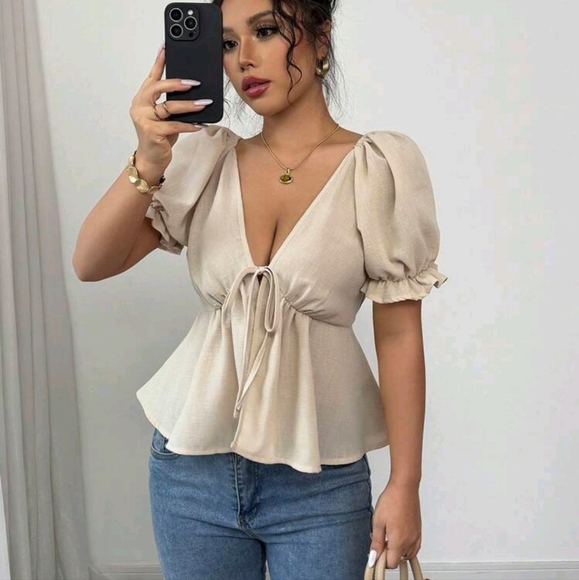 Women's V Neck Puff Sleeve Bowknot Backless Casual Blouse - Picture 1 of 4